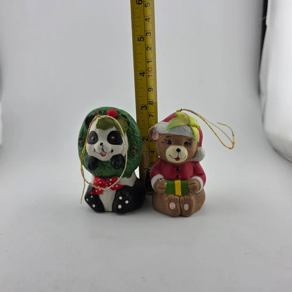 1986 Giftco Panda Bear & Christmas Bear Porcelain‎ Bell Ornaments Taiwan VTG